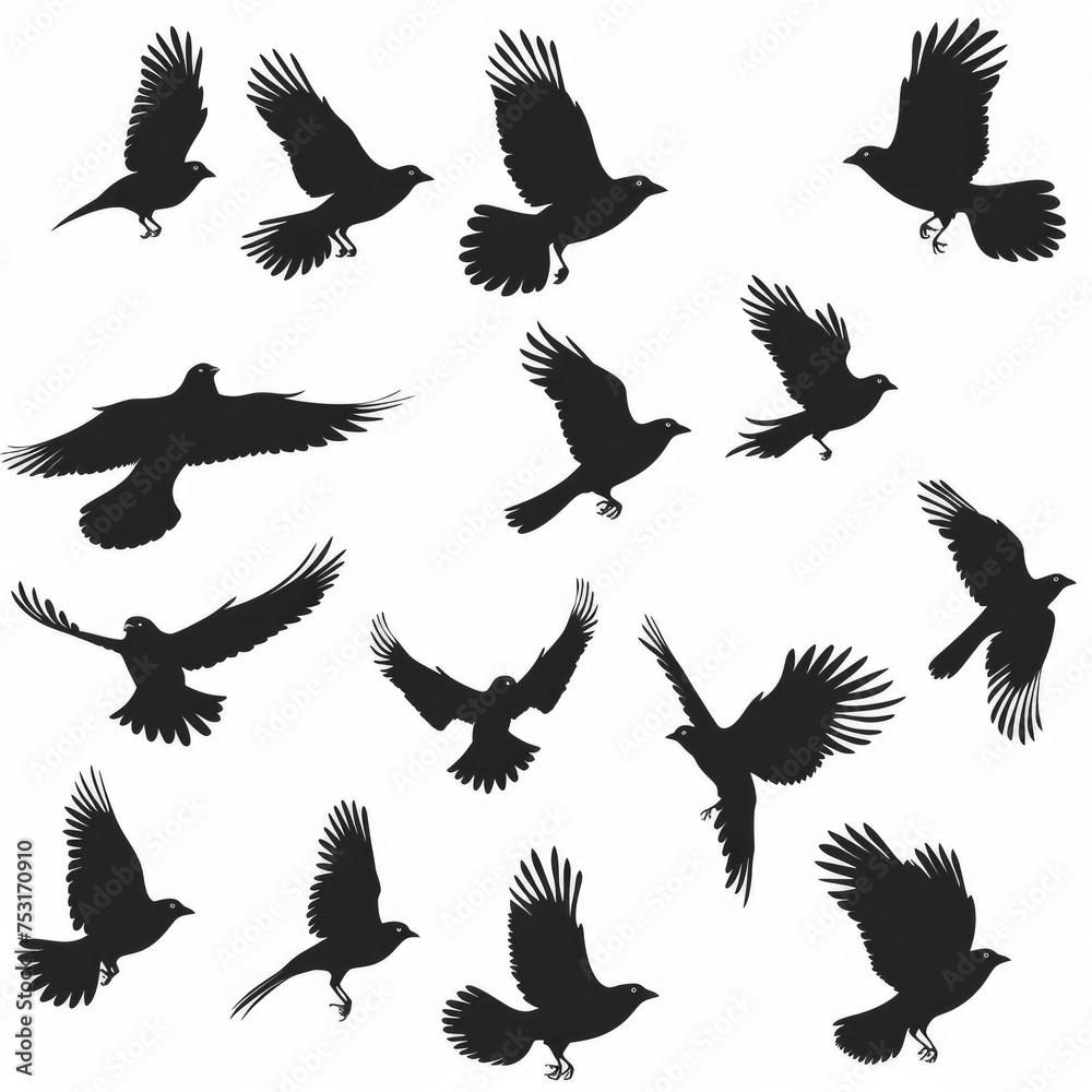 Fototapeta premium Set of flying birds sign. Dark silhouettes isolated on white background 
