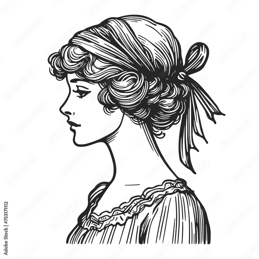 Old fashioned lady young woman sketch engraving generative ai fictional character vector illustration. Scratch board imitation. Black and white image. Old fashioned lady young woman sketch engraving generative ai fictional character vector illustration. Scratch board imitation. Black and white image.