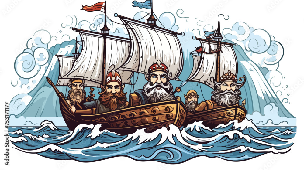 Cartoon vikings sailing freehand draw cartoon vector