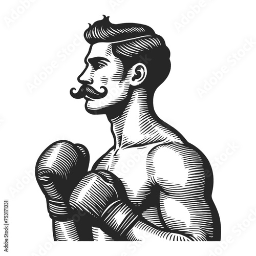 Old fashioned Vintage Boxer with Gloves gentleman man classic mustache sketch engraving generative ai fictional character vector illustration. Scratch board imitation. Black and white image.