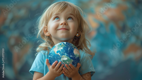 A little girl holds the planet Earth in her hands.