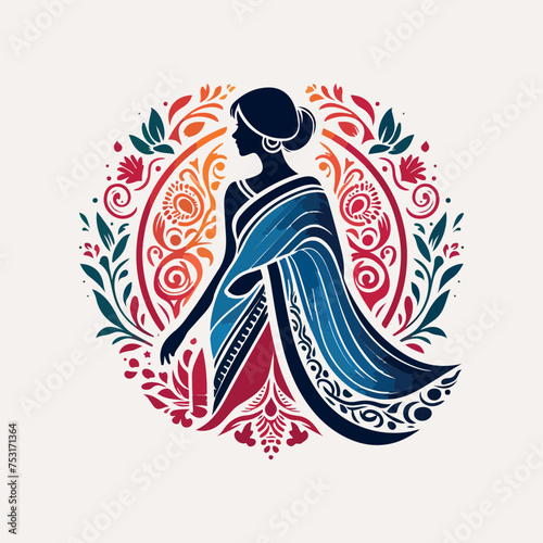 Fashion saree logo design with women figure template or clothing logo design illustration, Generative Ai.