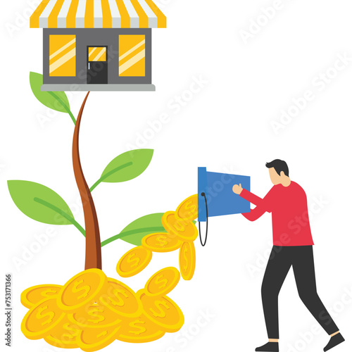 concepts Develop your shop and get more profit, expand shop front or grow business, marketing to promote store revenue increase, businessman pour coin water to plant plants with big shop flowers.