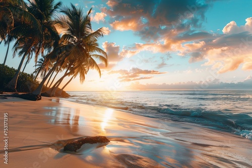 Paradise beach with palm trees and calm ocean at sunrise, postcard. advertising banner. generative ai