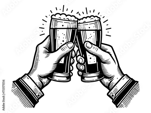 two hands toasting with overflowing beer glass, a classic celebration and friendship moment sketch engraving generative ai vector illustration. Scratch board imitation. Black and white image.