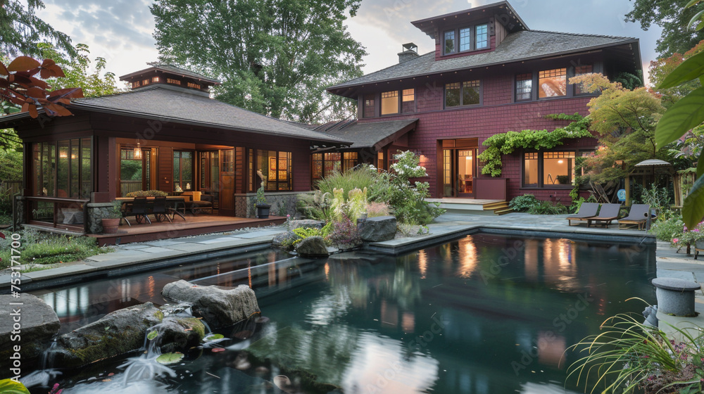 A craftsman house in a rich maroon, with a backyard featuring an outdoor yoga studio and a tranquil rock pool.