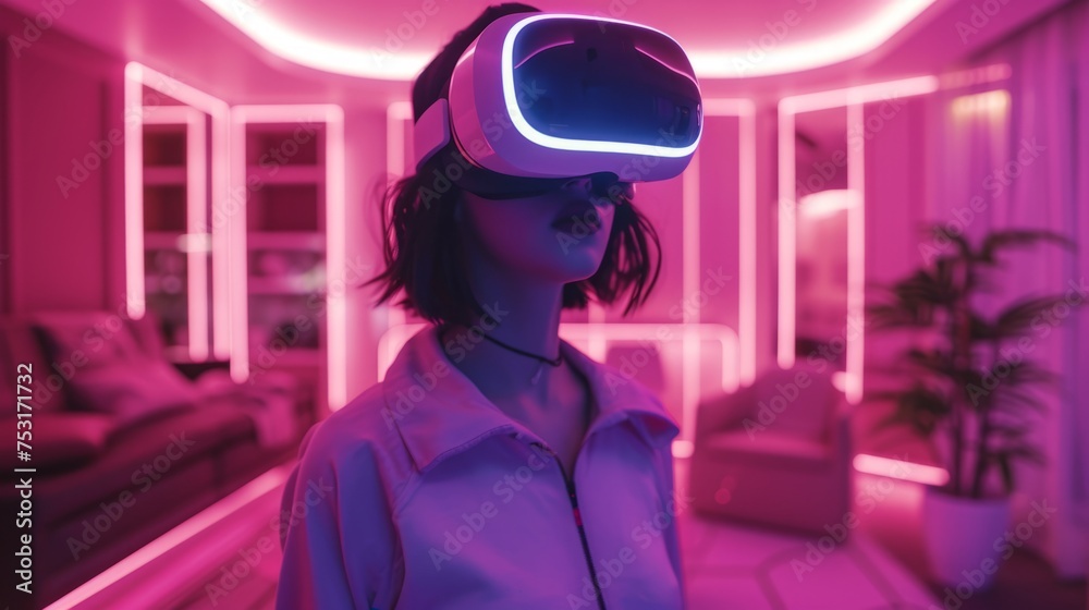 A person wearing a VR headset navigating through a futuristic living room A person wearing a VR headset navigating through a futuristic living room