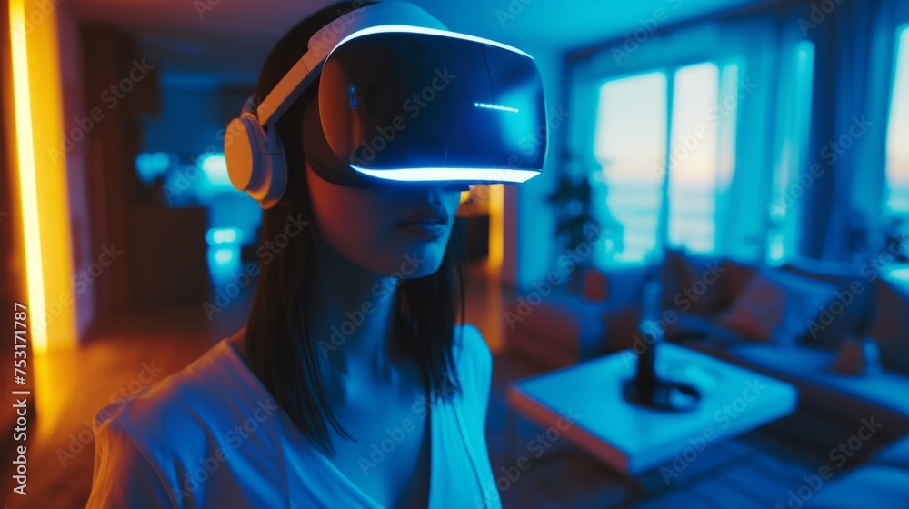 A person wearing a VR headset navigating through a futuristic living room A person wearing a VR headset navigating through a futuristic living room