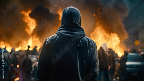 Demonstrators protest in the center of Mulhouse, Back view Aggressive man without face in hood against backdrop of protests and burning cars, AI Generated photo