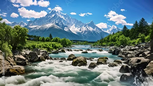 Mountain landscape with clear blue river and snow capped peaks, Baishui River Baishui Tai or White Water River at Jade Dragon Snow Mountain Yulong mountain in Yunnan, China, AI Generated photo