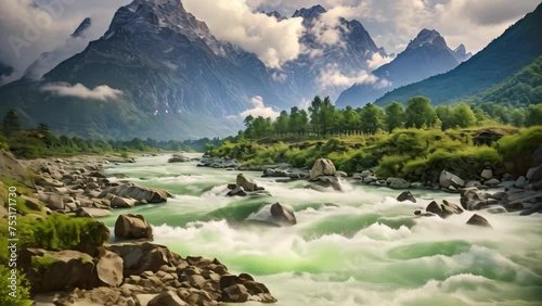 Mountain river in the Himalayas, Nepal. The concept of active and photo tourism, Baishui River Baishui Tai or White Water River at Jade Dragon Snow Mountain Yulong mountain in Yunnan, AI Generated photo