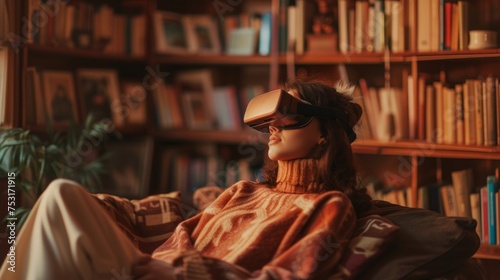 An individual donning a VR headset within a cozy reading nook
