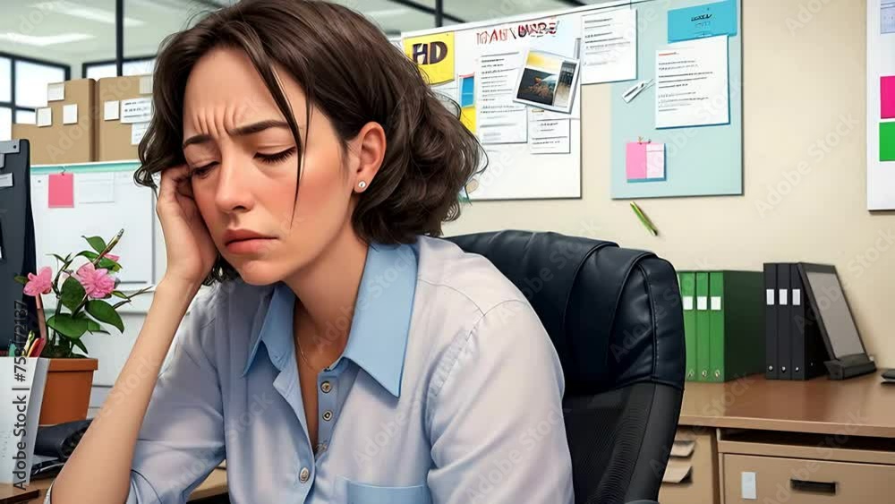 Vidéo Stock Tired woman against the backdrop of life in the office ...