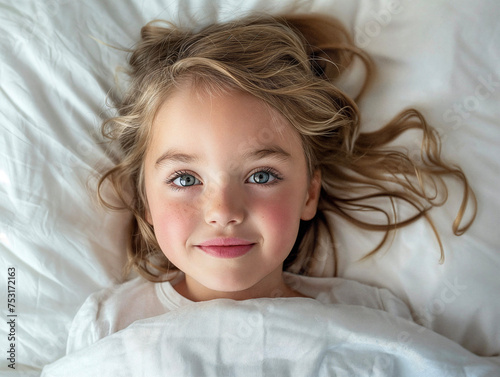 Cute and conceptual image of a Caucasian child with her head resting on a white pillow. photo