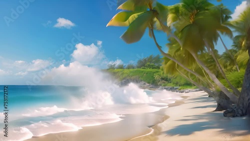 Beautiful beach Anse Lazio at Seychelles - nature background, Beautiful tropical Barbados island. View of the golden beach with palms and crystal clear water, AI Generated photo
