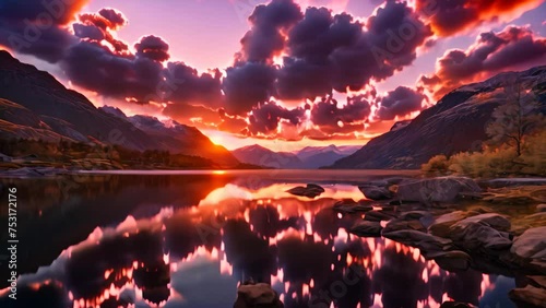 Beautiful sunset over Glencoe lake in Glencoe, Scotland, UK, beautiful twilight sky over a fjord, AI Generated photo