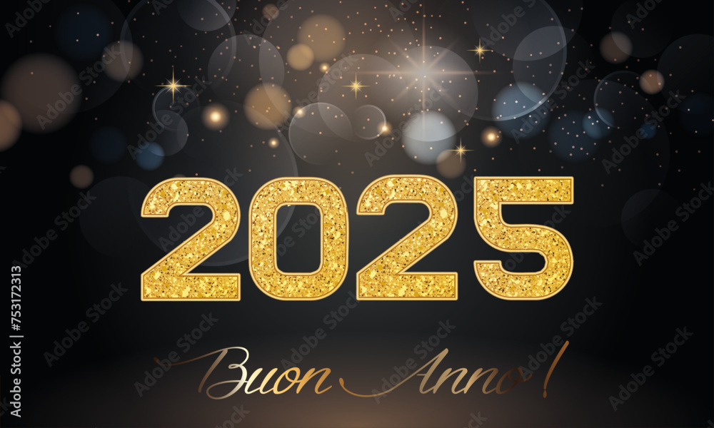 biglietto o banner per augurare un felice anno nuovo 2025 in oro su sfondo nero con cerchi effetto bokeh e stelle di diversi colori - obrazy, fototapety, plakaty 