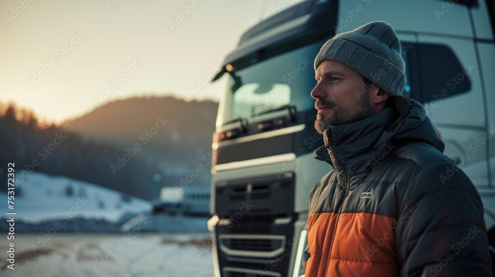 Thoughtful Truck Driver at Sunset