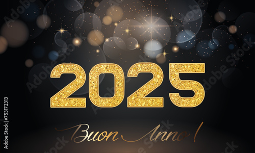biglietto o banner per augurare un felice anno nuovo 2025 in oro su sfondo nero con cerchi effetto bokeh e stelle di diversi colori