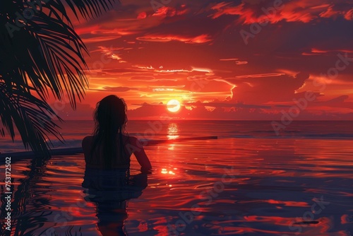 A woman is sitting in a pool, gazing at the sunset in the sky. She appears relaxed and contemplative as she enjoys the view