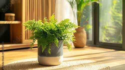 Indoor plant in a two-tone pot on a jute rug. Home decor and interior design concept.