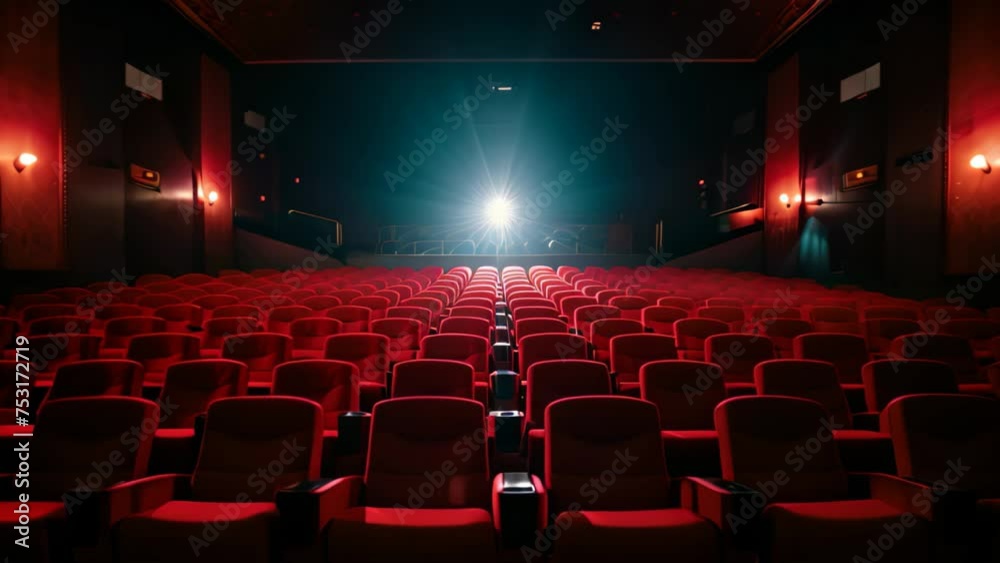 Empty cinema auditorium with rows of red seats illuminated by spotlights, Bright empty red seats in cinema rows, AI Generated