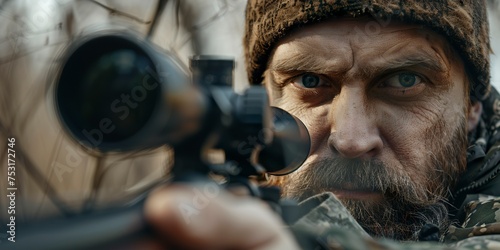 Close-up of a bearded man hunter holding a rifle. Experienced hunter in leisure time with focus and concentration in the forest.