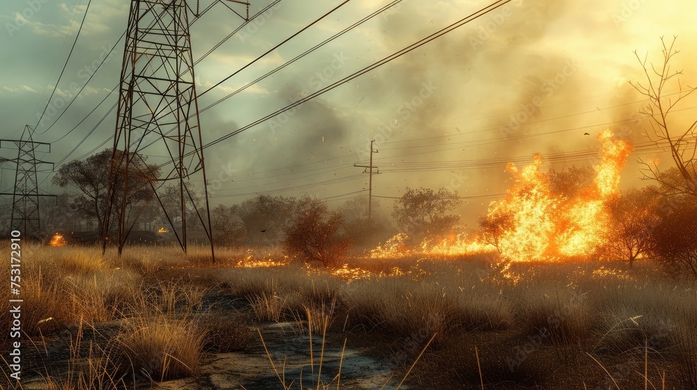 A park glade under power lines during a windy day, with dry grass igniting and creating a dangerous, fast-moving fire. - obrazy, fototapety, plakaty 