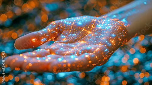 Outstretched Hand Surrounded by Digital Lights in Futuristic Vision AI Generated