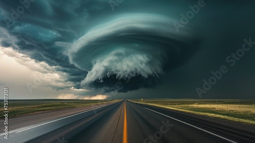A supercell thunderstorm looming over a deserted highway, with dark, swirling clouds.