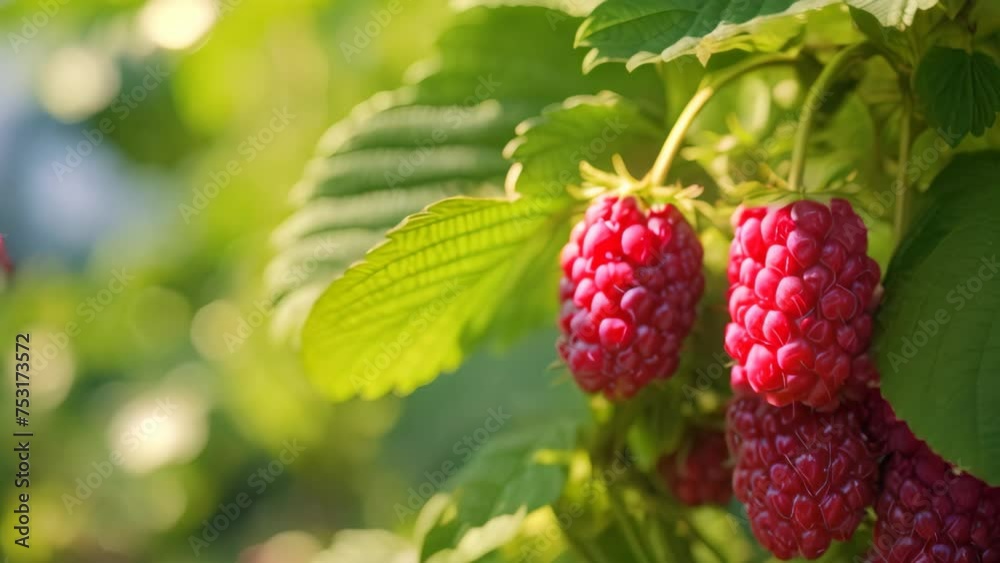 Ripe red raspberries on a branch with green leaves, closeup of loganberry plant with ripe loganberries growing in organic garden, AI Generated Ripe red raspberries on a branch with green leaves, closeup of loganberry plant with ripe loganberries growing in organic garden, AI Generated