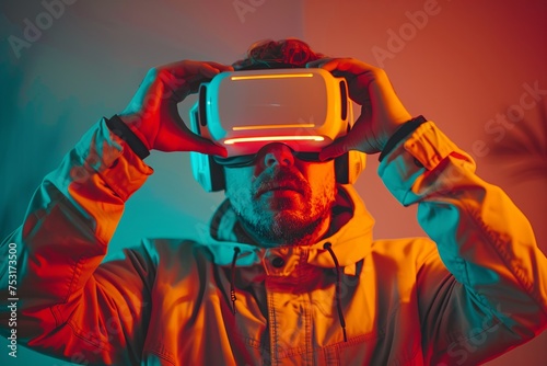 a man in a VR headset plays with glasses in a futuristic cyber world. abstract virtual reality concept. generative ai