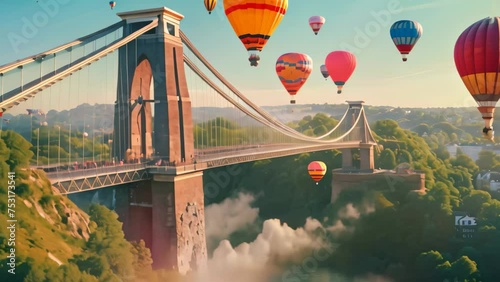 Colorful hot air balloons fly over the famous chain bridge in Budapest, Hungary, Clifton Suspension Bridge with hot air balloons in the Bristol Balloon Fiesta in August, AI Generated photo