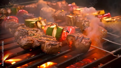 Barbecue with grilled meat and vegetables on grill, close-up, Closeup of barbecues cooking grilling on charcoal, top section cropped, AI Generated photo
