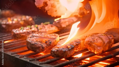 Beef steaks on a barbecue grill with flames in the background, Closeup of barbecues cooking grilling on charcoal, top section cropped, AI Generated photo