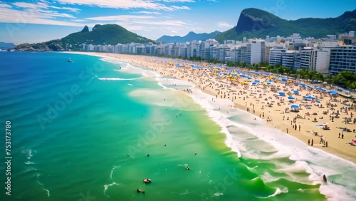 View of Copacabana beach in Rio de Janeiro, Brazil, Copacabana beach in Rio de Janeiro, Brazil. Copacabana beach is the most famous beach of Rio de Janeiro, Brazil, AI Generated photo