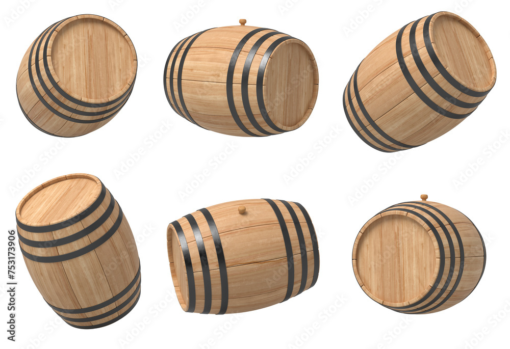 Multiple angles of a single wooden barrel - obrazy, fototapety, plakaty 