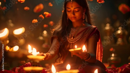 Beautiful indian woman with diwali diya and burning candles, Diwali Hindu festival of lights celebration, AI Generated photo