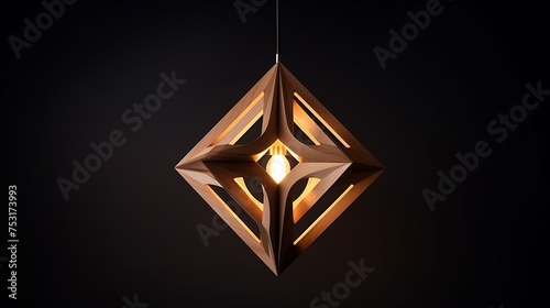 A beautiful wooden geometric modern ceiling lamp serves as contemporary decoration against a dark background, adding warmth and elegance to any interior space.
