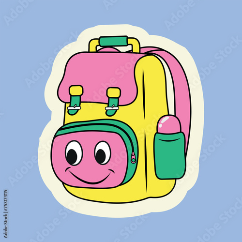 Cute doodle sticker backpack travel bag on a blue background smiling backpack illustration u2k sticker for luggage phone for clothes  photo