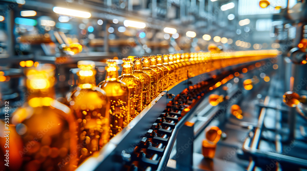 Automated Bottle Filling Line in Industrial Factory, Yellow Beverage Production on Conveyor System
