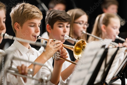 Talented Young Musicians Performing in a School Band with a Variety of Instruments Under Stage Lights, Showcasing Their Musical Skills and Achieving a Proud Moment Concept