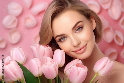 Smiling young lady hug bouquet of pink tulips to chest, looks at empty space, enjoy spring holiday, isolated on pink background, studio. Gift to women day, congratulation, anniversary, date