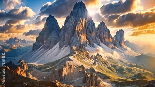 Sunset in the Dolomites, Italy. Dramatic and picturesque scene, famous Italian National Park Tre Cime di Lavaredo. Dolomites, South Tyrol. Auronzo, AI Generated photo