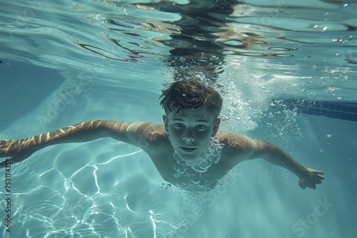 Young Swimmer Diving Underwater in Clear Blue Pool, Creating Bubbles Trail, Captured from Underwater Perspective Concept