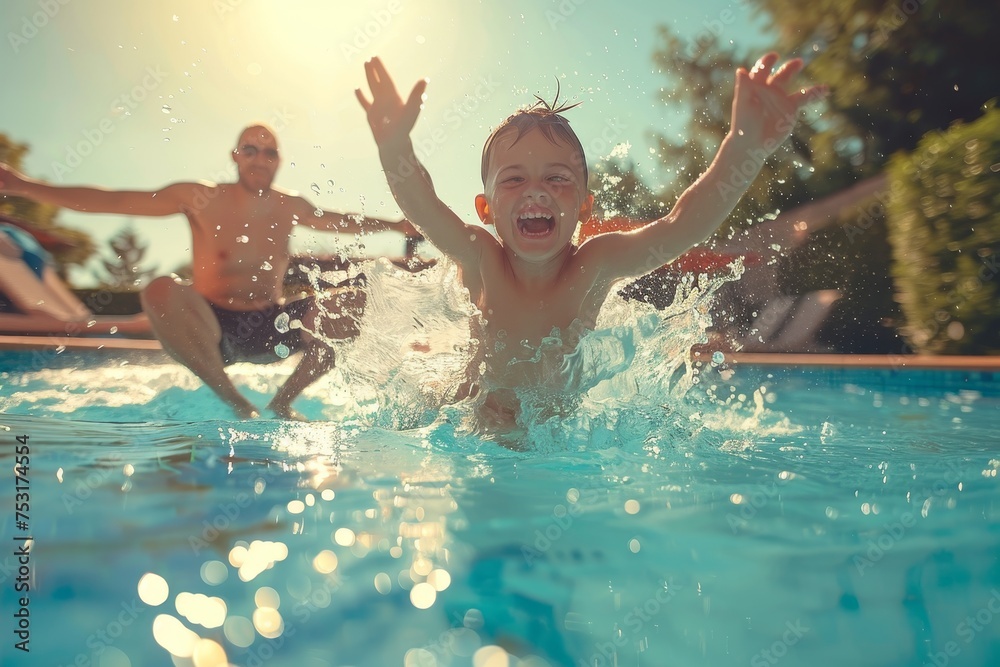 Kid In Pool With Parent Child Leaping with Joy into Vibrant Pool, Parent Watching from Safe ...