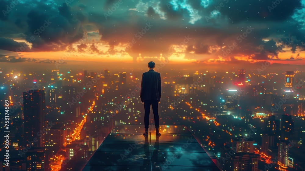 A man is standing on the edge of a high-rise building, overlooking the city below. He appears confident and calm as he looks out at the urban landscape A man is standing on the edge of a high-rise building, overlooking the city below. He appears confident and calm as he looks out at the urban landscape