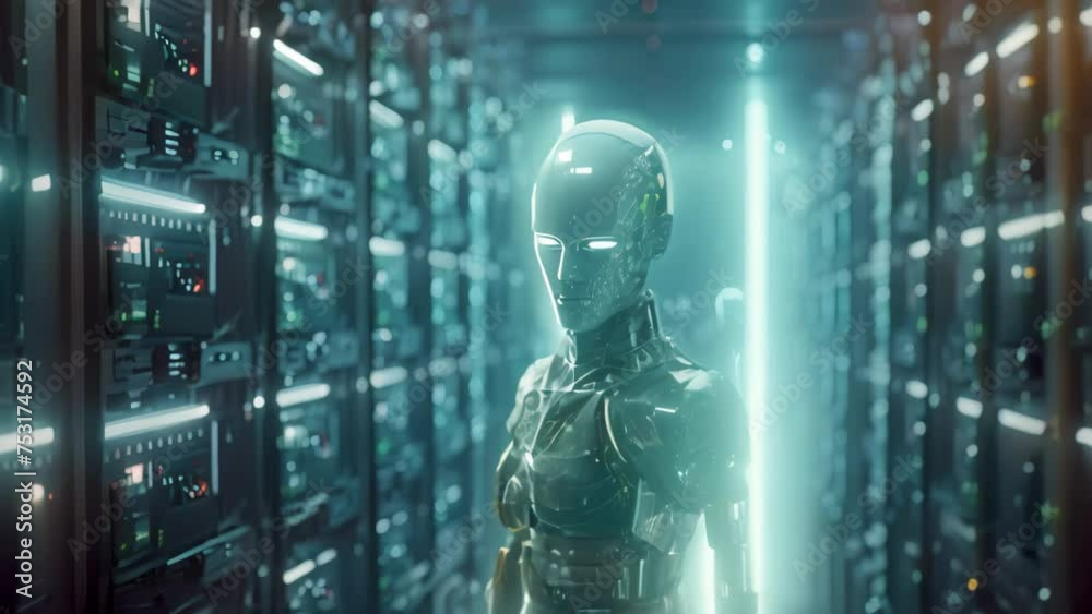 3D rendering humanoid robot working in server room with binary code on ...