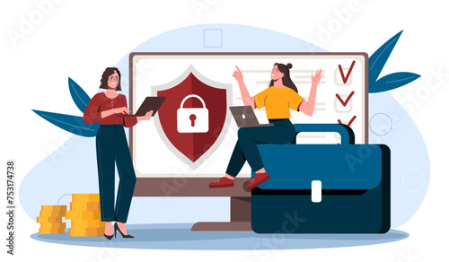 Anti crisis strategy. Two women near computer with shield. Two businesswomen with tasks and goals. Planning and goal setting. Financial literacy and budgeting. Cartoon flat vector illustration