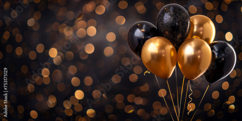 Luxury background with a golden and black balloons on a bokeh background with a plce for text. AI generative photo